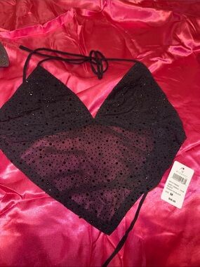 NWT Black Sequin Mesh Halter Crop Top